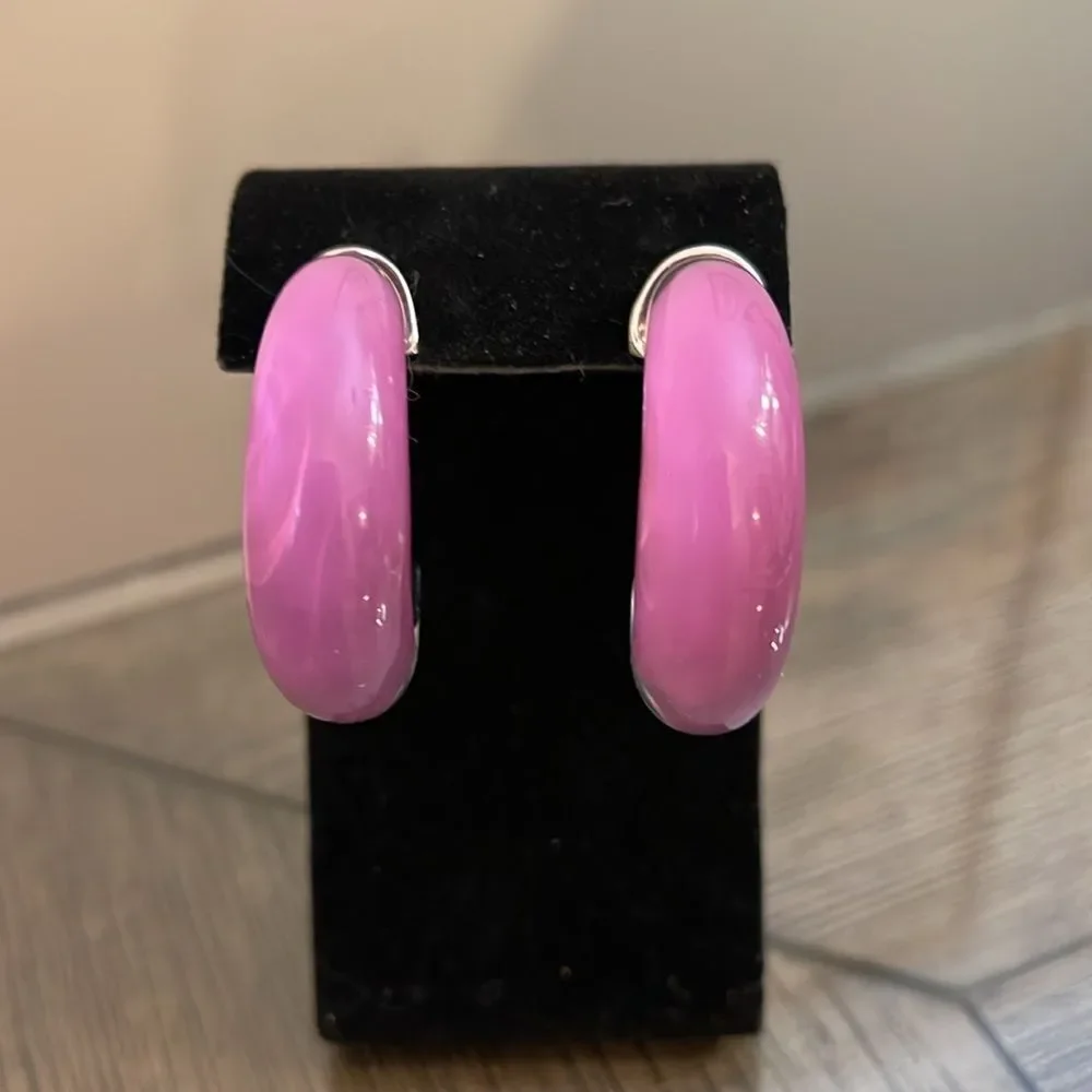 Anthropologie Chunky Resin Hoop Earrings Chic Silver-tone & Purple Lucite Hoop